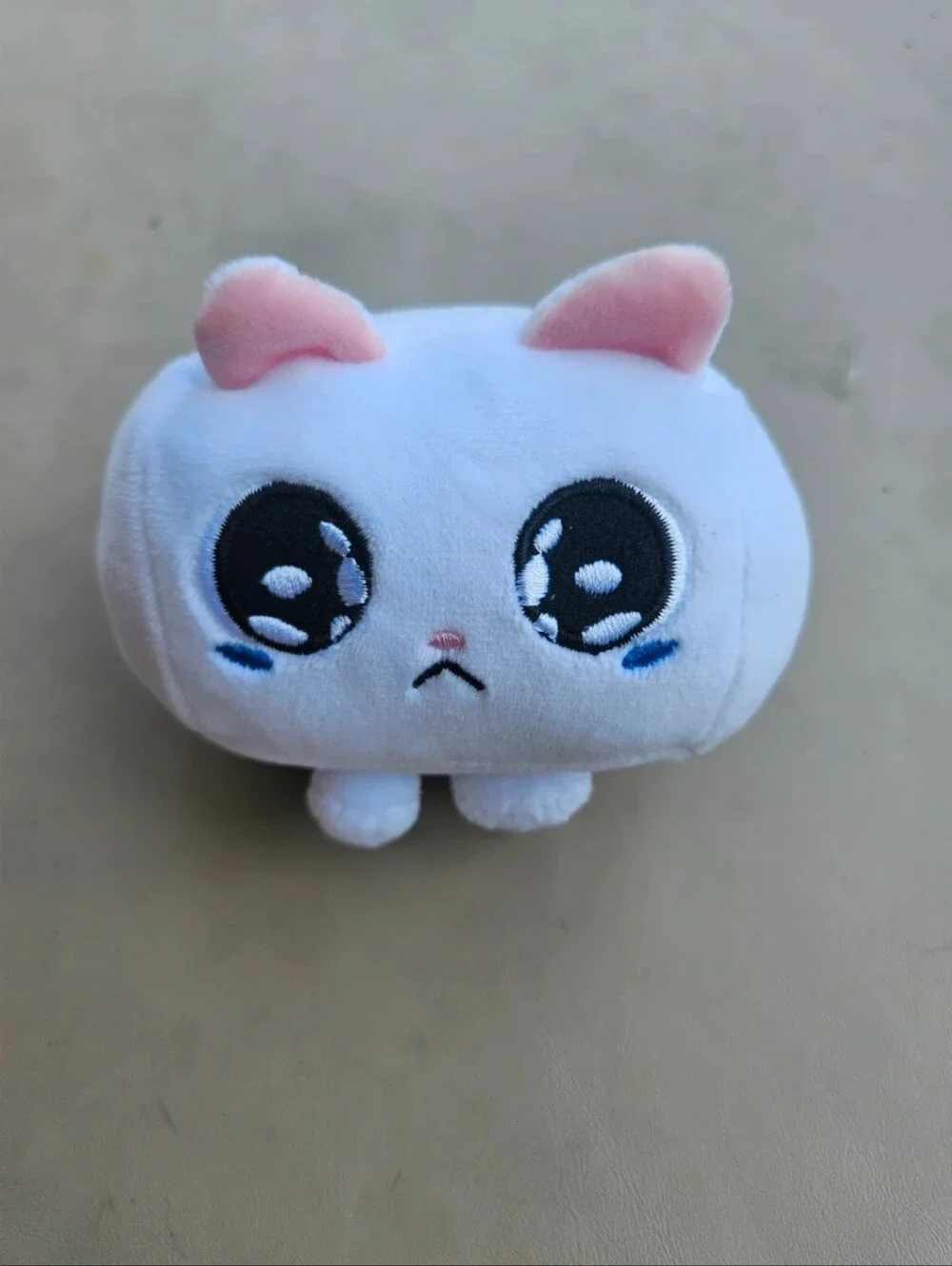 White Plush, Square Cat with Pink Ears and Big Embroidered Eyes